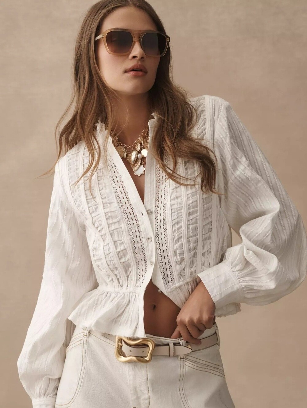 Anthropologie Pilcro Long Sleeve Delicate Cotton Blouse Top With Lace Size Large